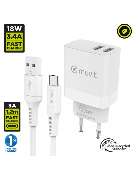 Económico muerto Chaqueta muvit for change pack cargador de pared 2 USB 3,4A + Cable Tipo C 3A 1,2m  blanco