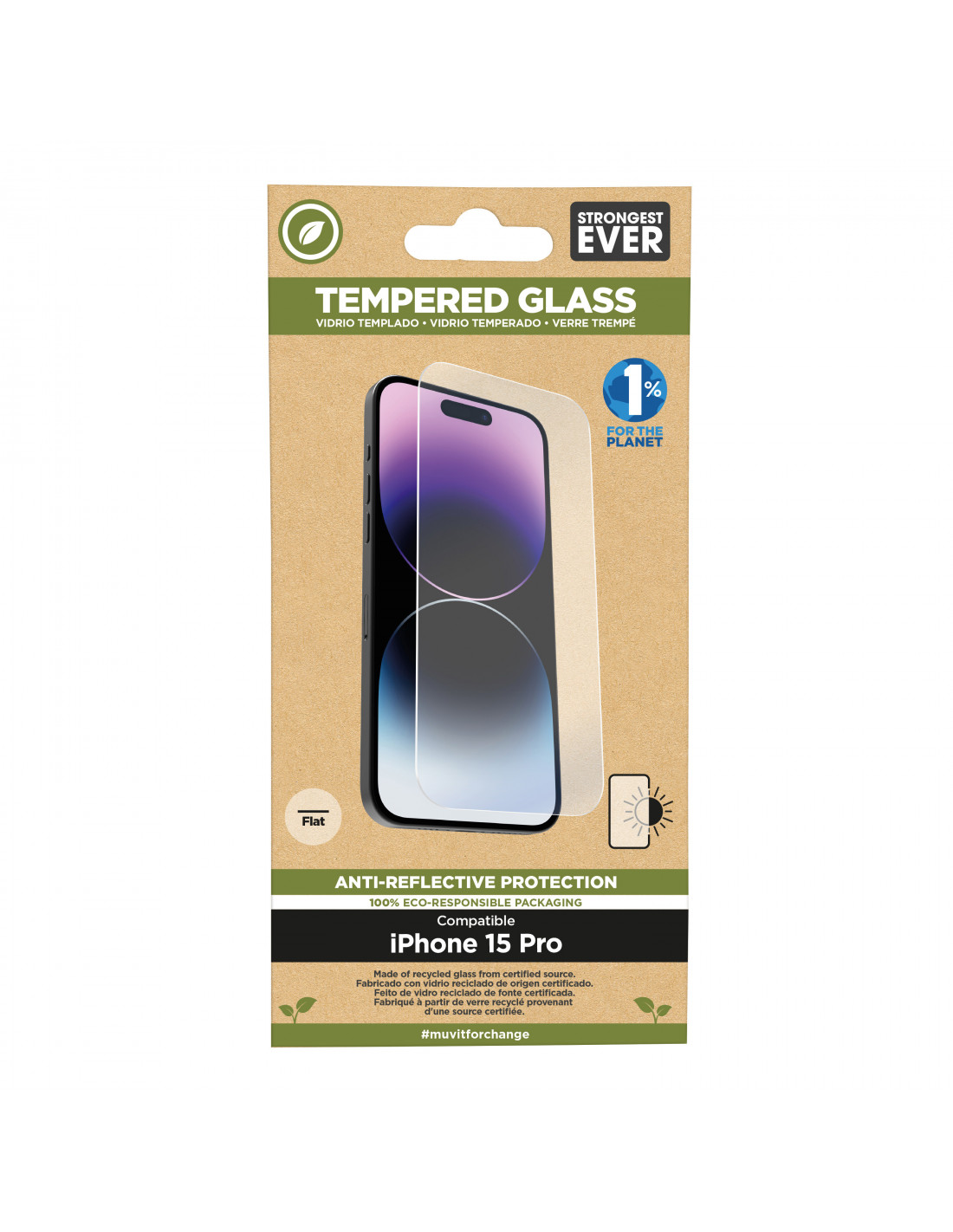 muvit for change protector pantalla recycletek anti-reflejo compatible con  Apple iPhone 15 Pro vidrio templado plano